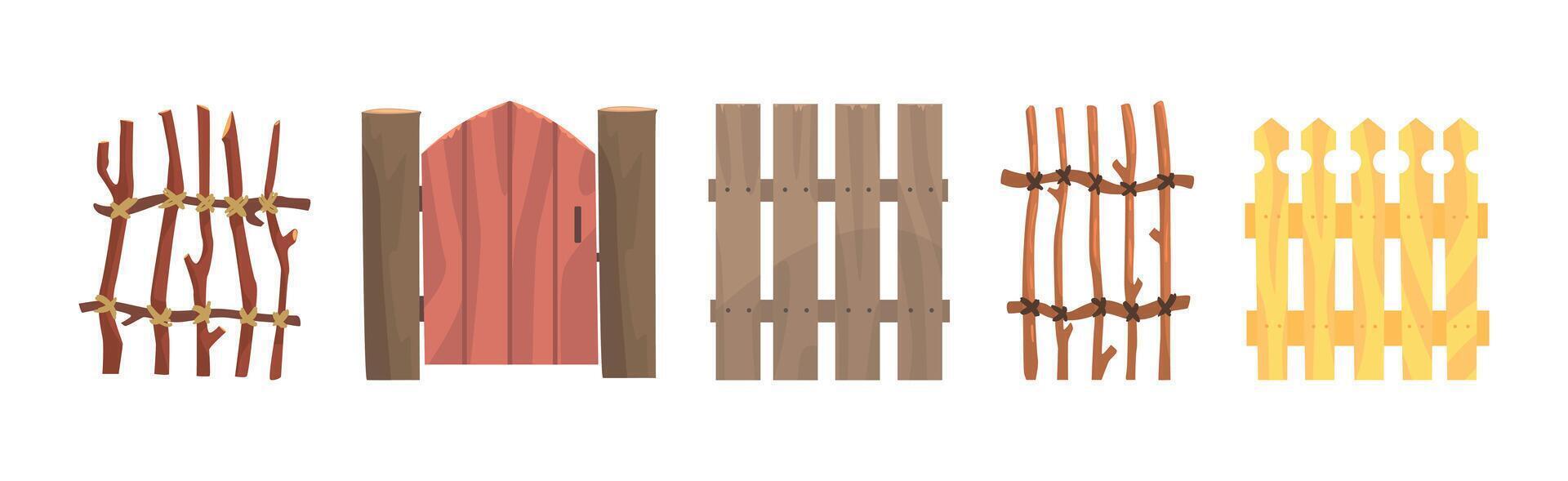 Rural Fence Made of Wood and Lumber Material Set vector