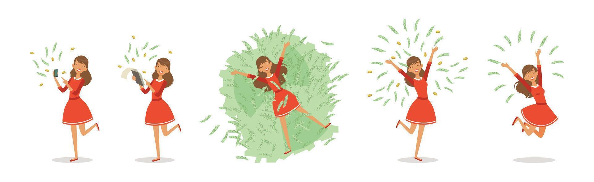 Happy Rich Woman Character with Money Cash Set vector