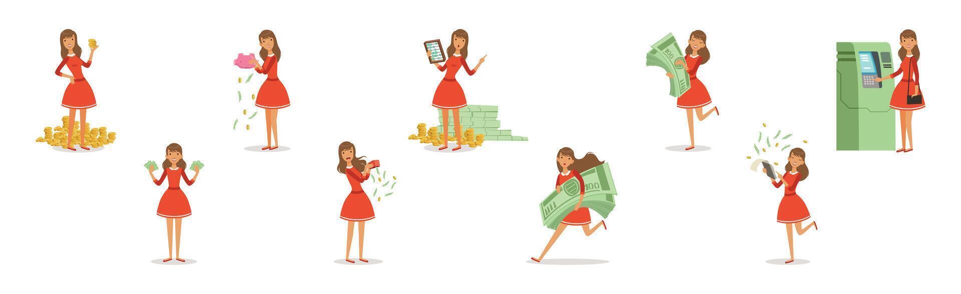 Happy Rich Woman Character with Money Cash Set vector