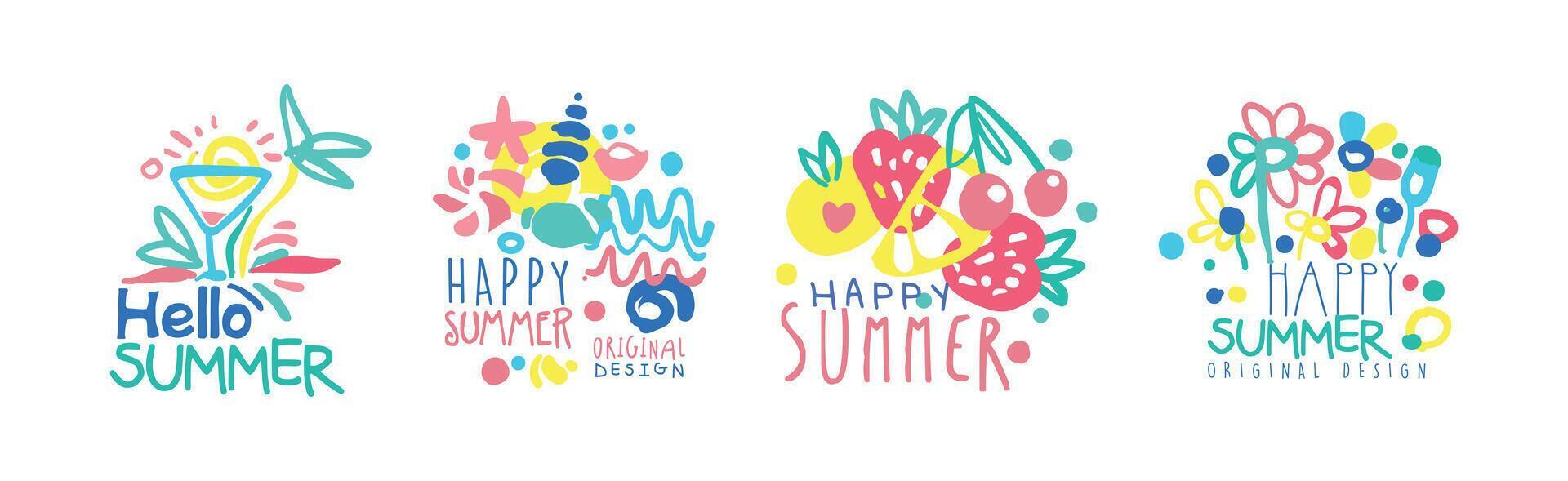 Happy Summer Logo Original Design with Bright Element Set vector