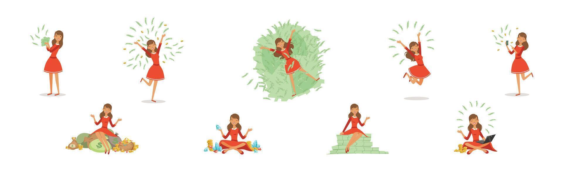 Happy Rich Woman Character with Money Cash Set vector