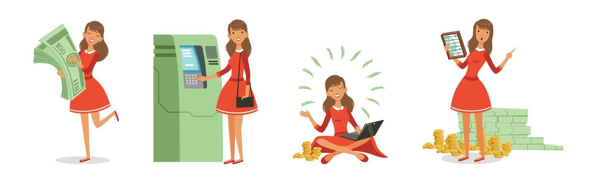 Happy Rich Woman Character with Money Cash Set vector