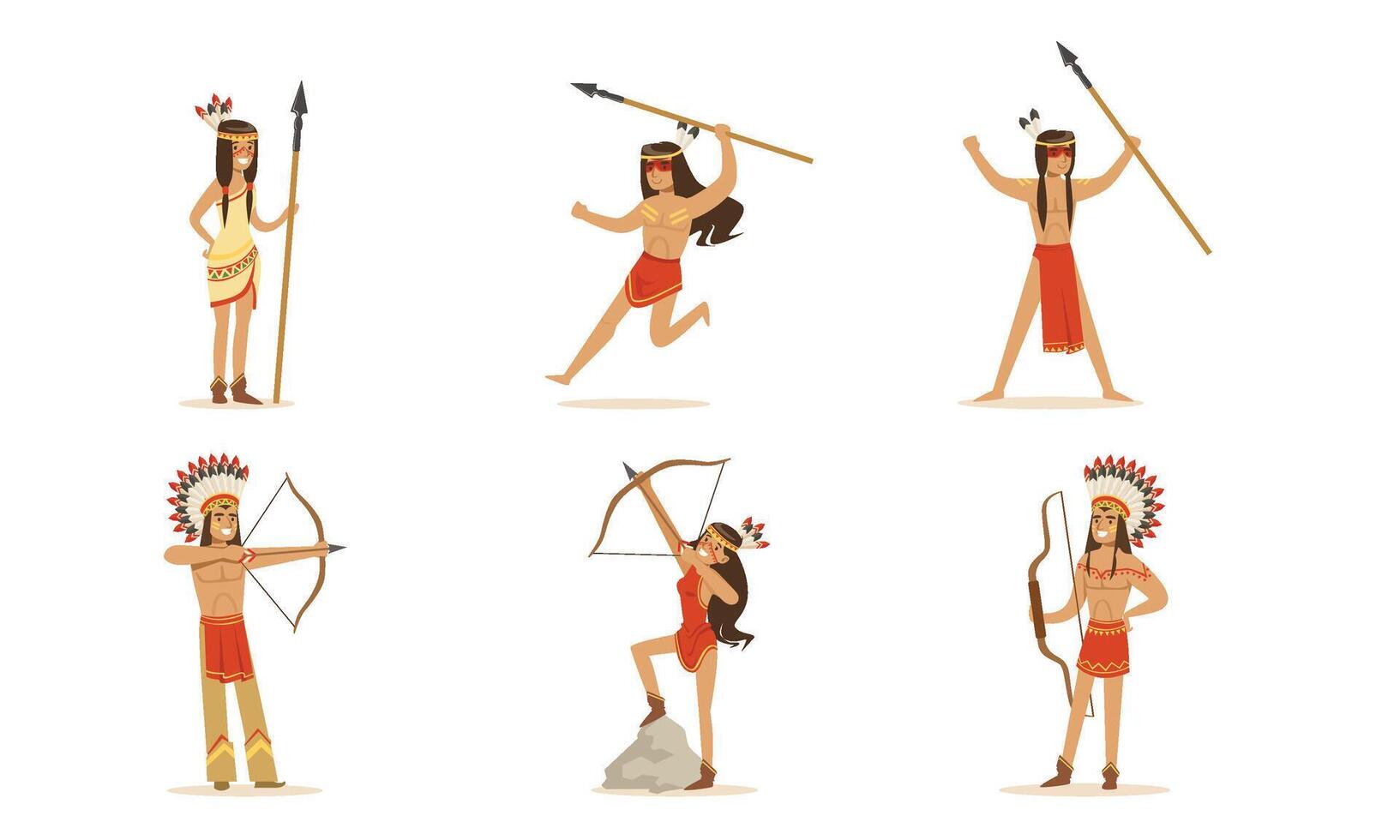 Cartoon Indians with bows and spears. Set of illustrations. vector
