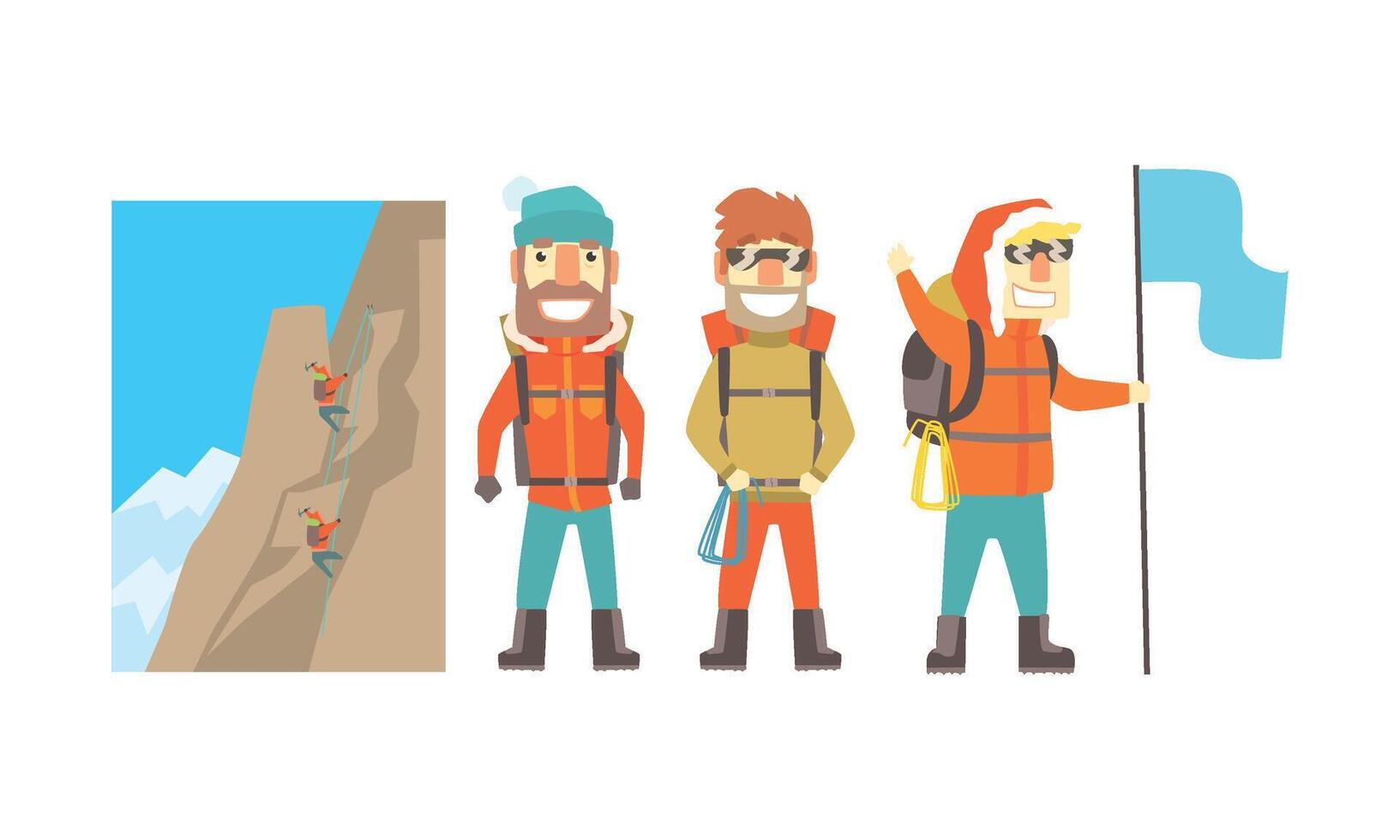 Three male climbers in warm jackets. illustration on a white background. vector