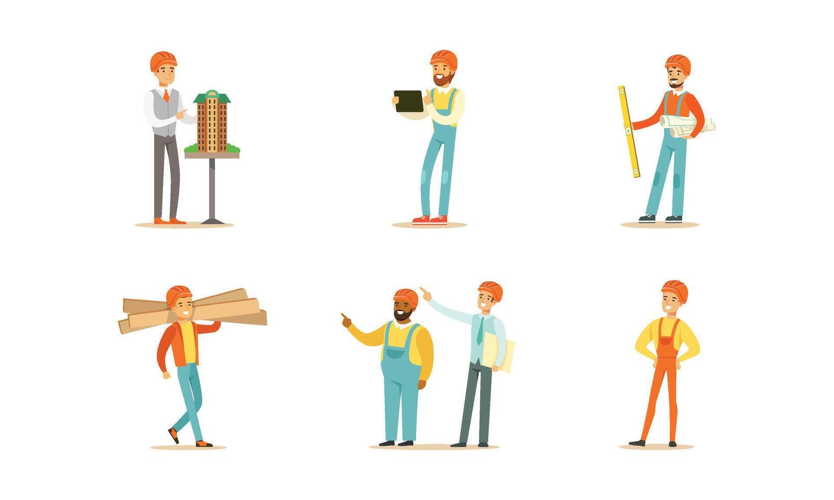 Engineers and builders in yellow helmets with tools. illustration on a white background. vector