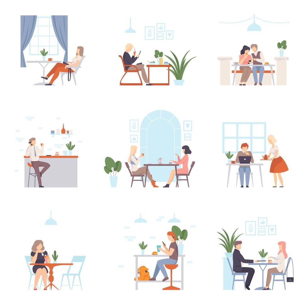 Men and women have a rest and work in cafe. illustration. vector
