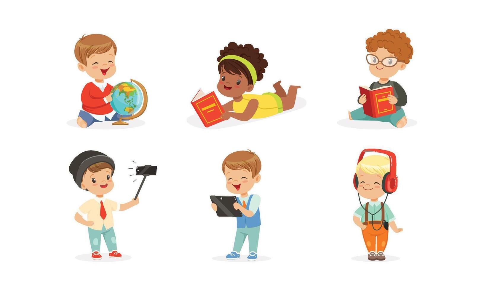 Little children with gadgets and books. illustration on a white background. vector