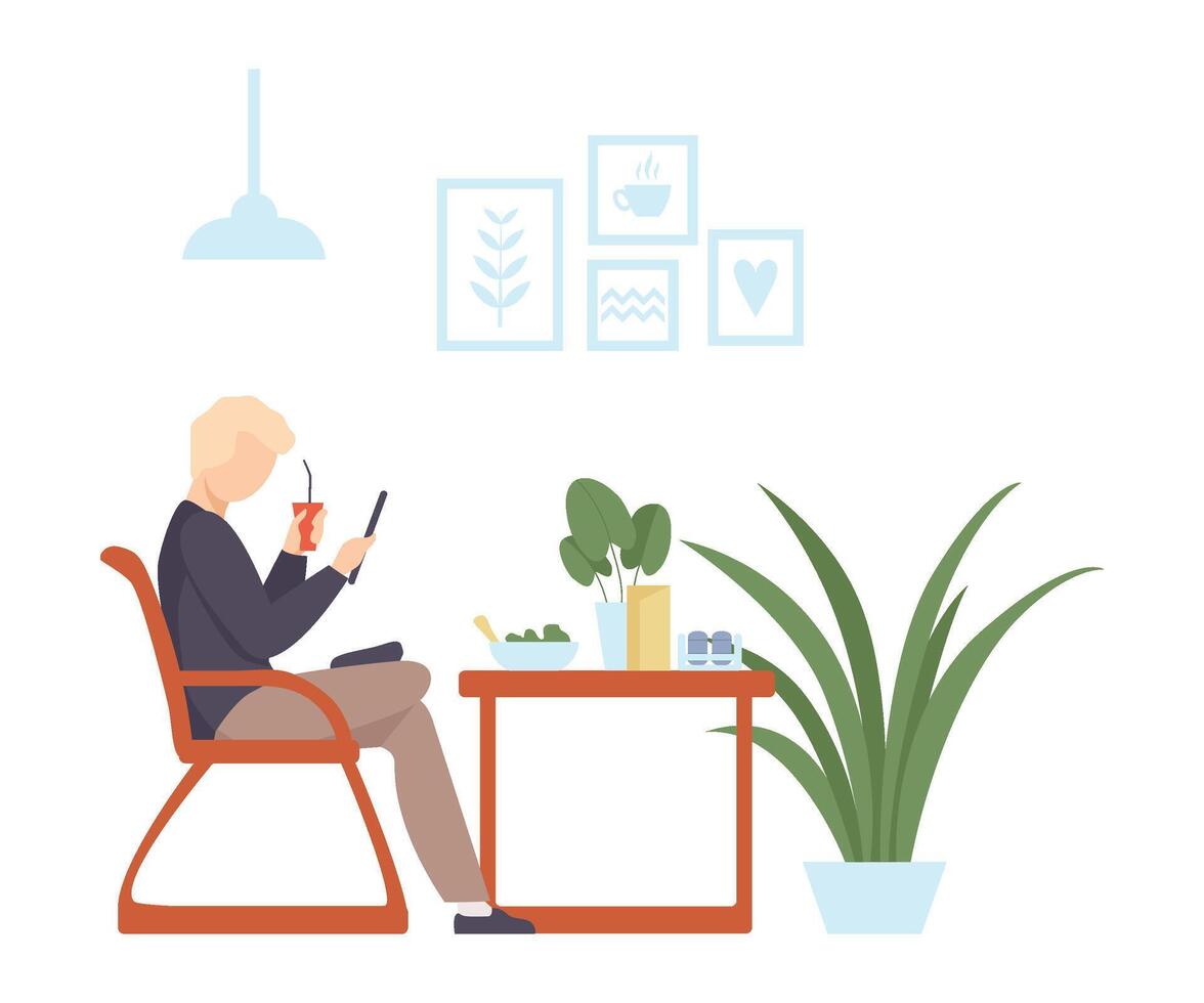 Man drinks a cocktail and looks at the smartphone in a cafe. illustration. vector