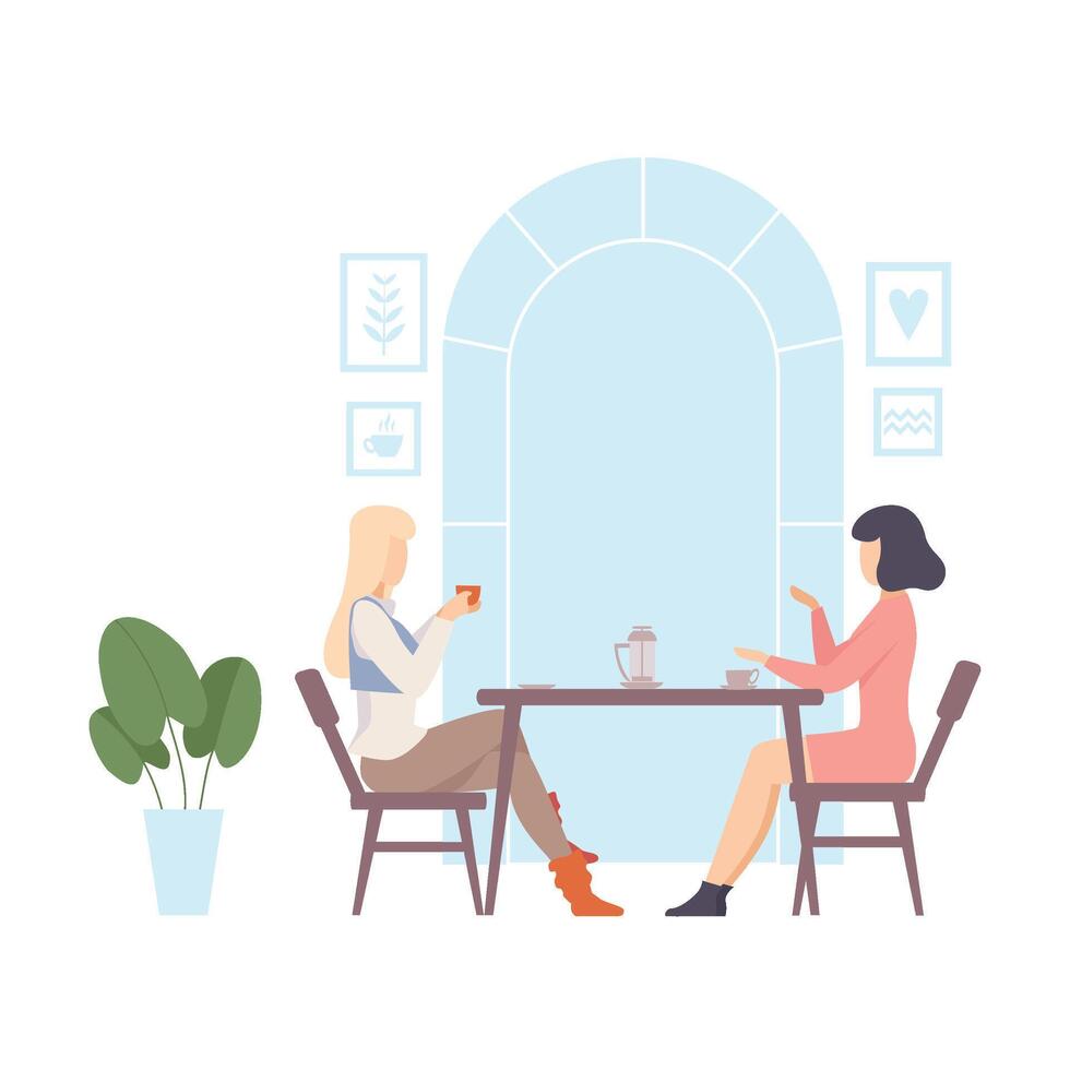 Two young women are sitting at a table in a cafe. illustration. vector