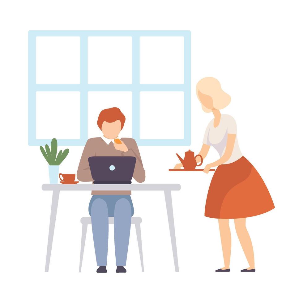 Waitress carries a kettle to a man. illustration. vector