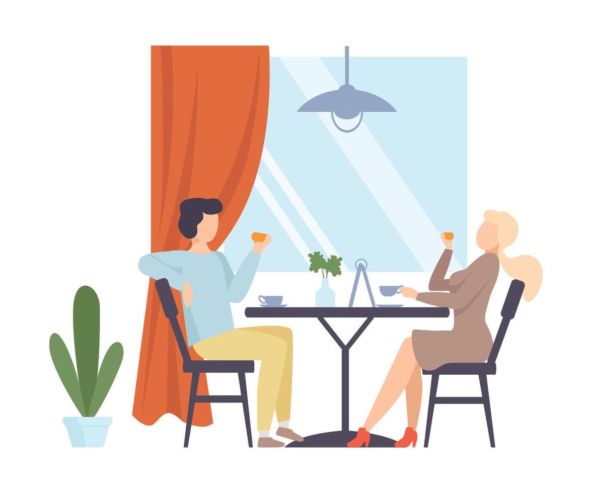 Man and woman are drinking tea in a cafe. illustration. vector