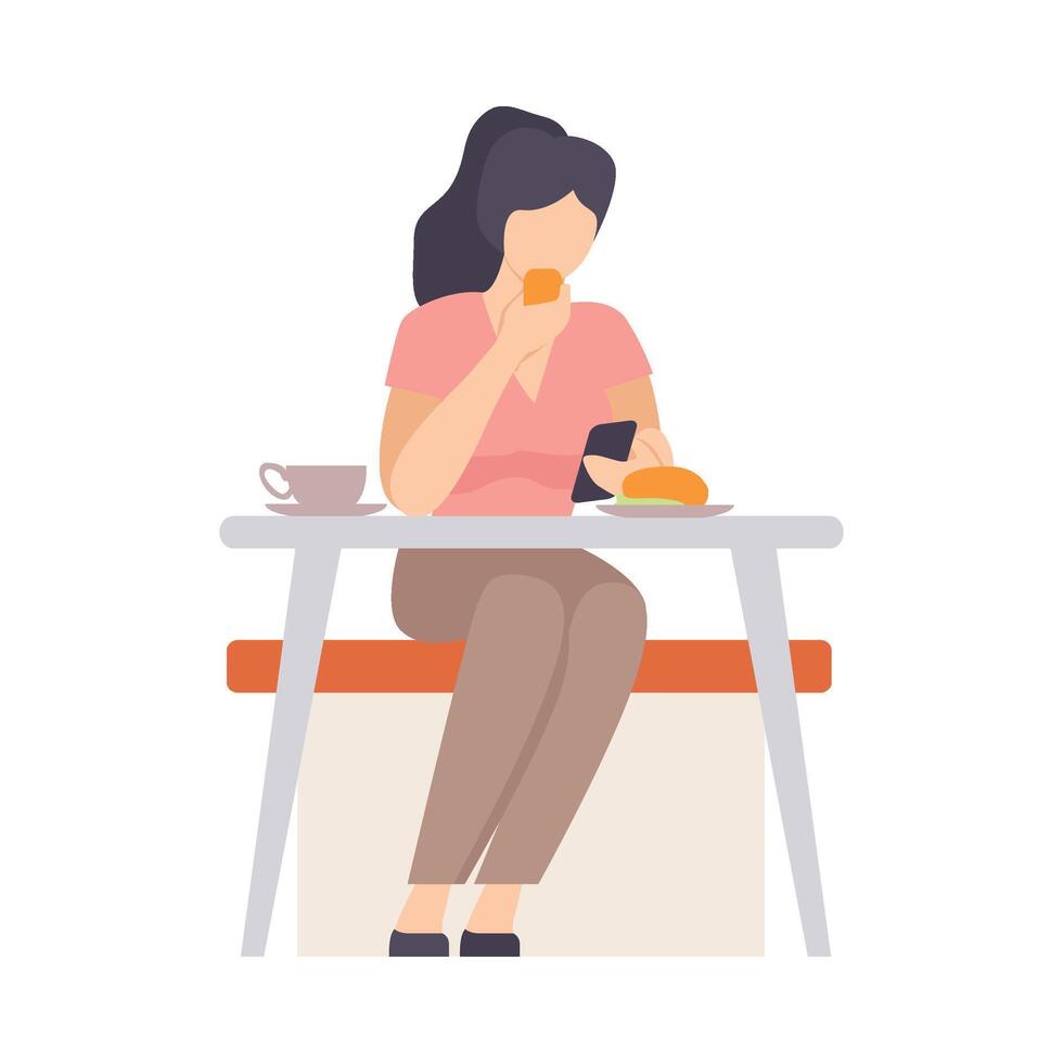 Woman eats a bun and looks into a smartphone. illustration. vector