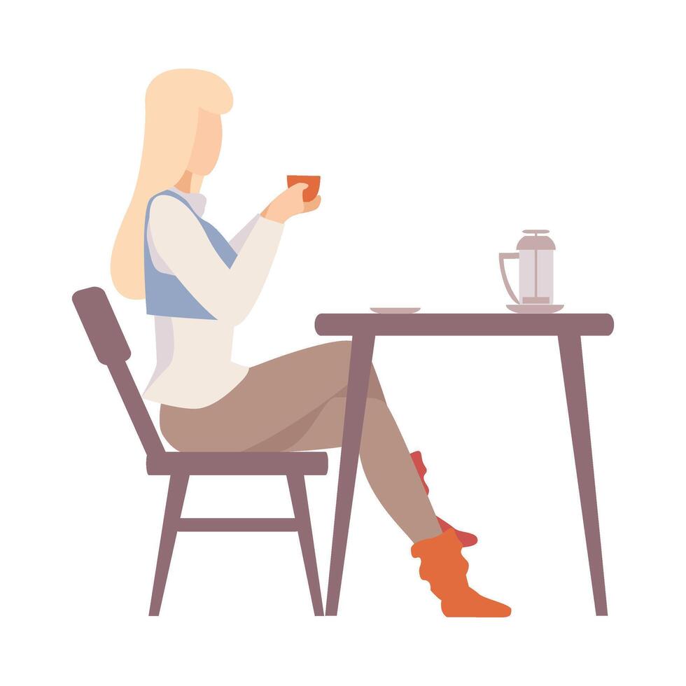 Woman is drinking coffee at a table. illustration. vector
