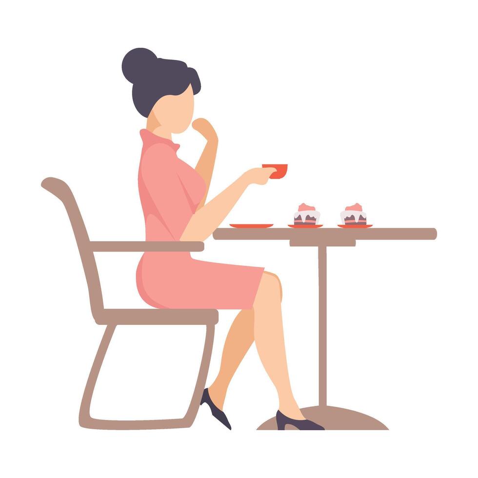 Woman in a pink dress is drinking coffee at a table in a cafe. illustration. vector