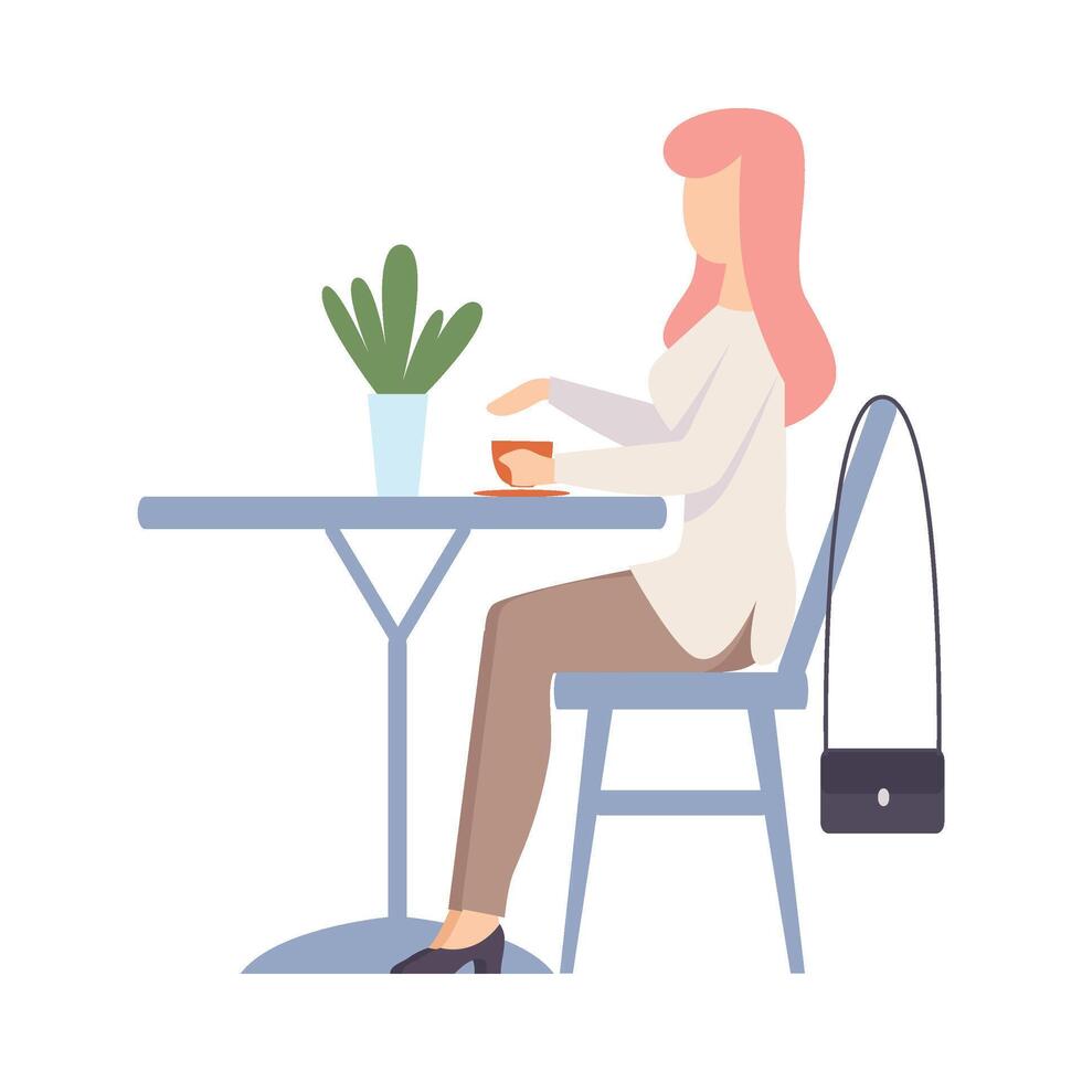 Woman with a cup is sitting at the table. illustration. vector