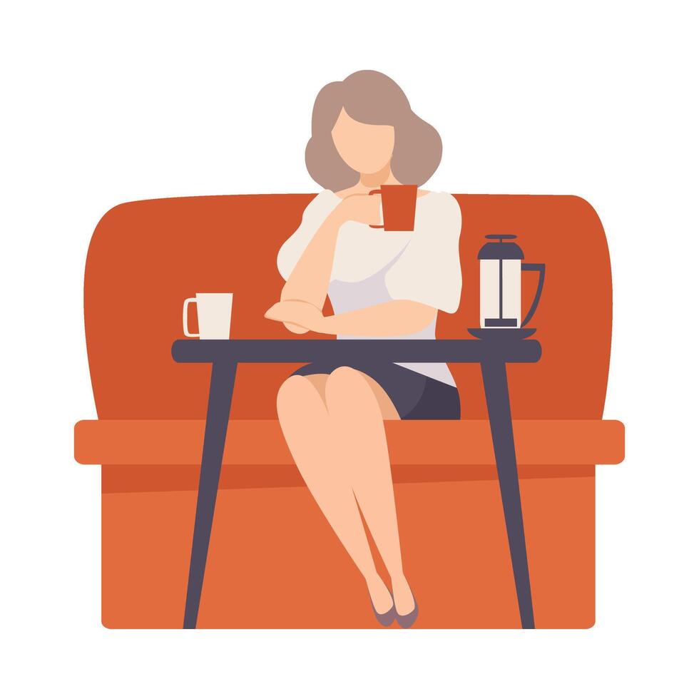 Woman sits on a red sofa at a table in a cafe. illustration. vector