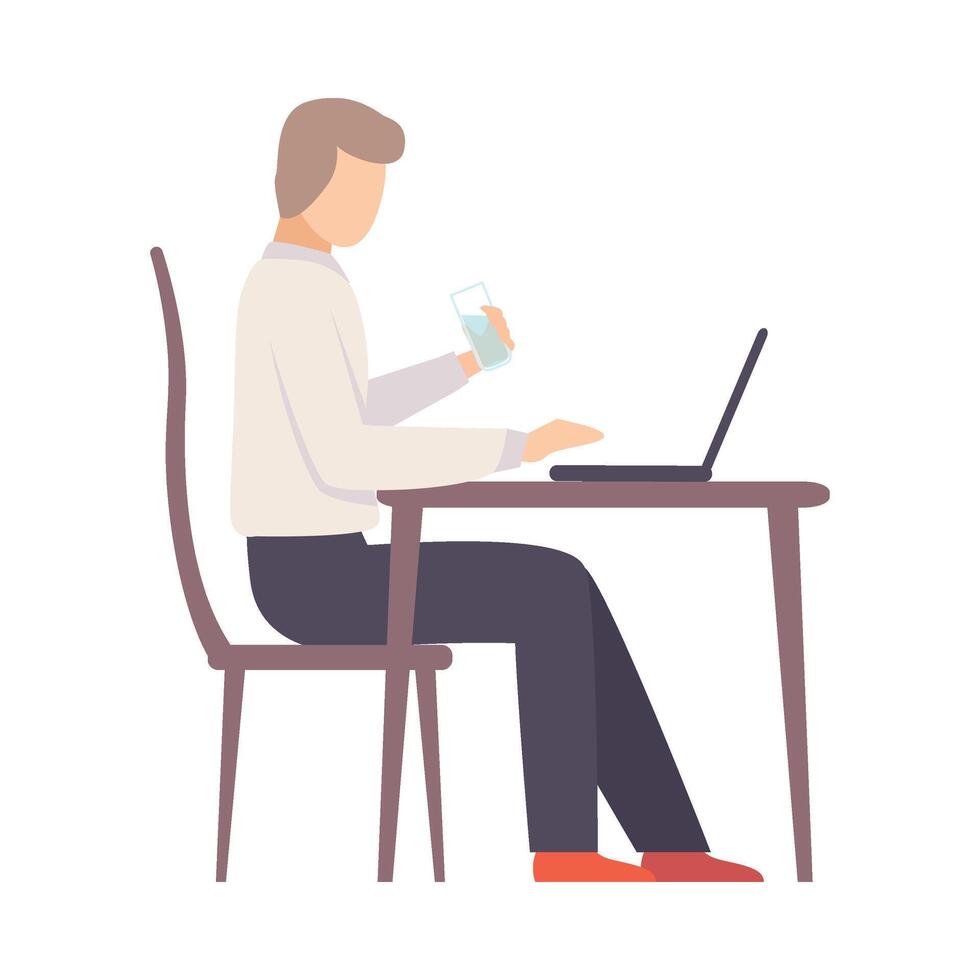 Man works on a laptop at the table. illustration. vector