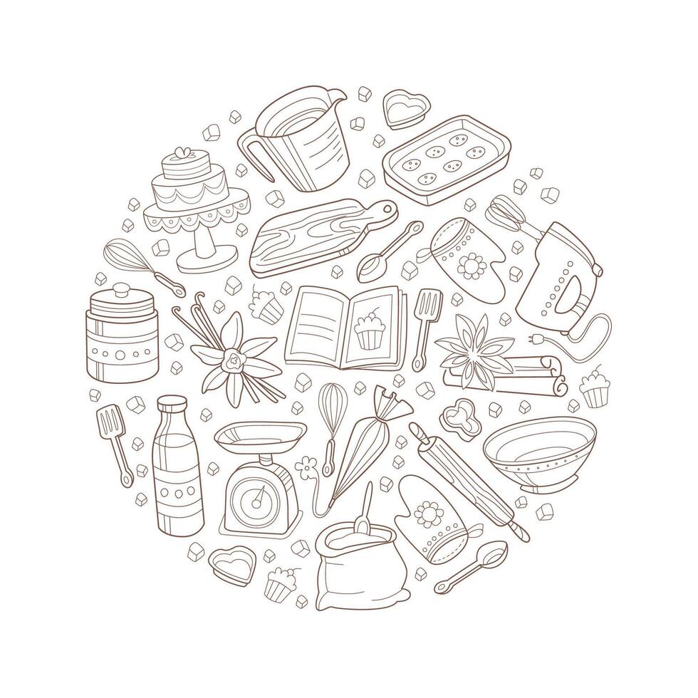 Circle with a pattern of kitchen items. illustration. vector