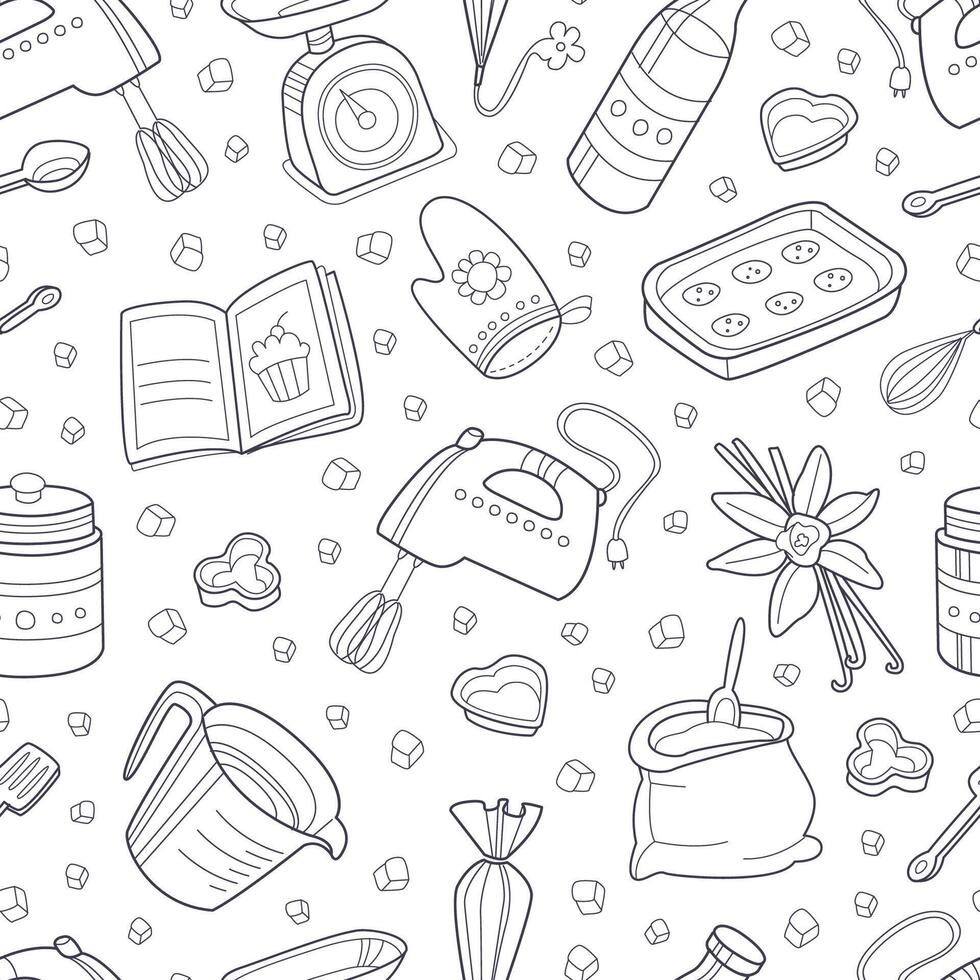 Pattern from the contours of kitchen items. illustration. vector