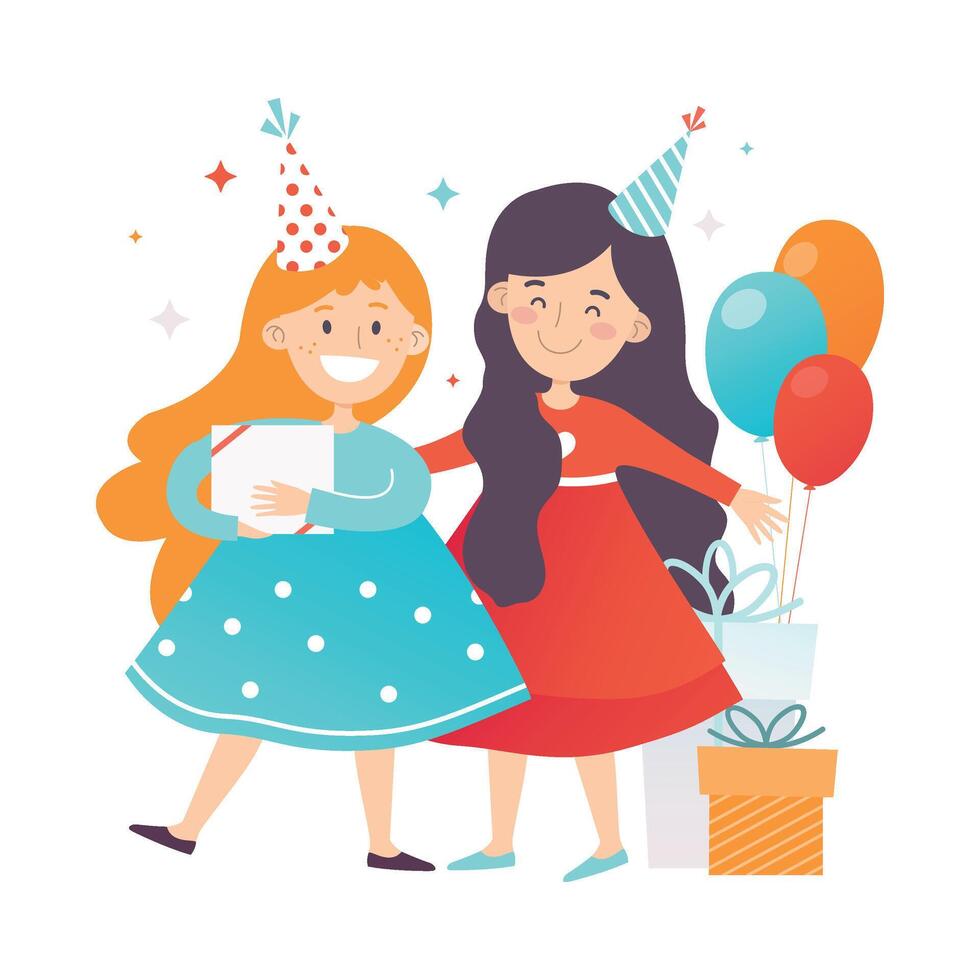 Two girls in dresses and party hats. illustration. vector