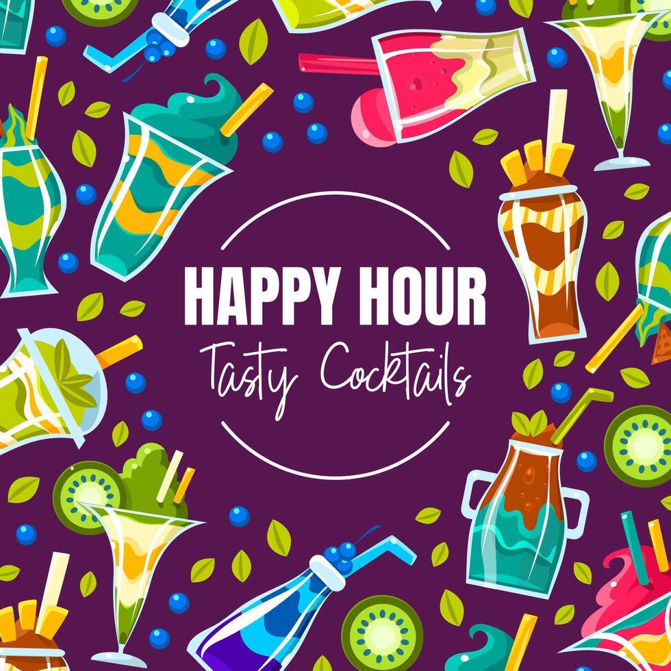 Circle with the inscription Happy hour Testy cocktails on a purple background. illustration. vector