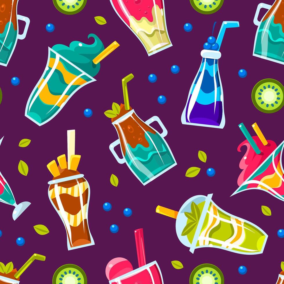 Pattern of different cocktails in glasses and bottles. illustration. vector
