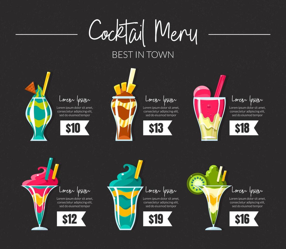 Cocktail menu on a black background. illustration. vector