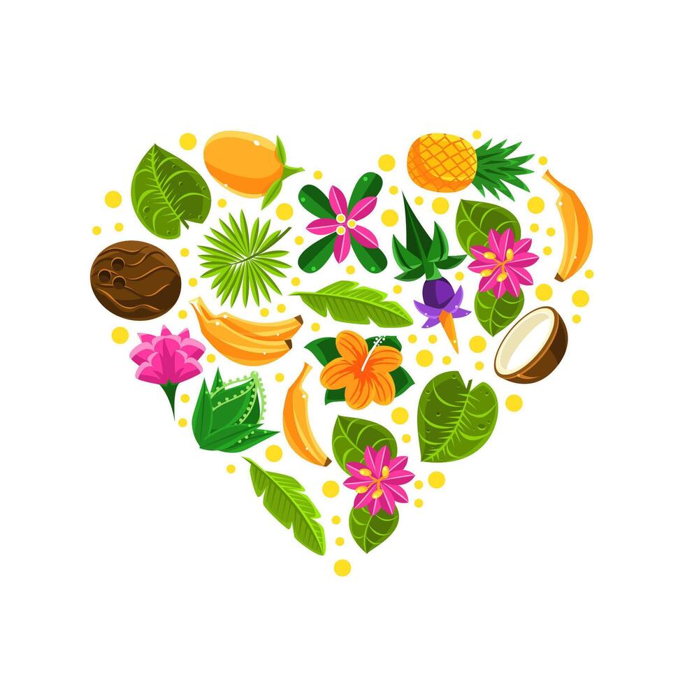 Heart with tropical fruit pattern. illustration on a white background. vector