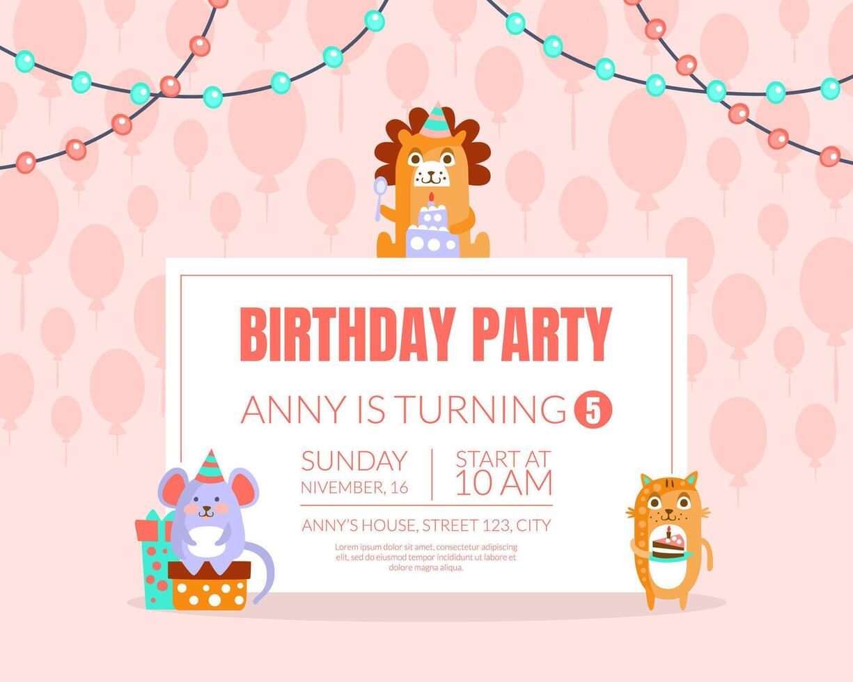 Pink invitation with background of balloons for a birthday party. illustration. vector