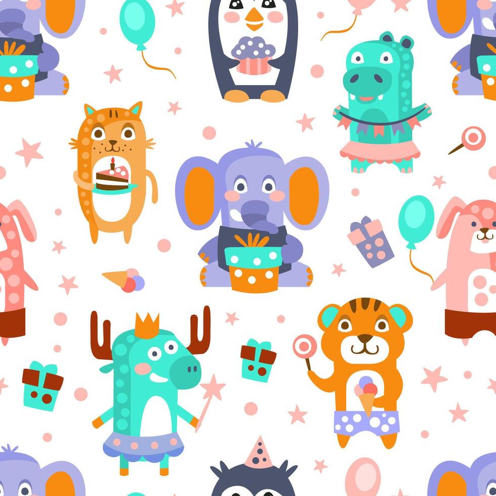 Birthday pattern of cute animals with cakes and gifts. illustration. vector