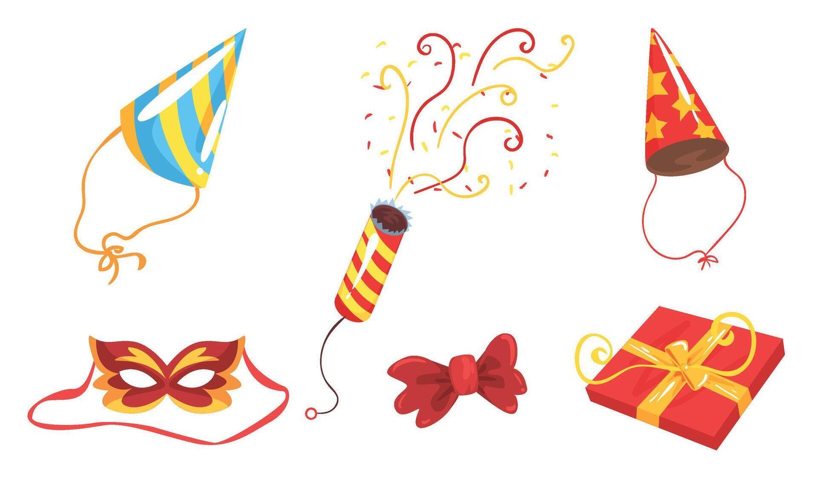 Elements And Accessories For Party, Masquerade, Anniversary Illustration Set Isolated On White Background vector