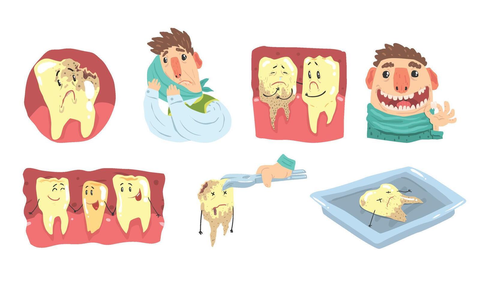 Funny Cartoon Humanized Sick And Healthy Teeth Illustration Set Isolated On White Background vector