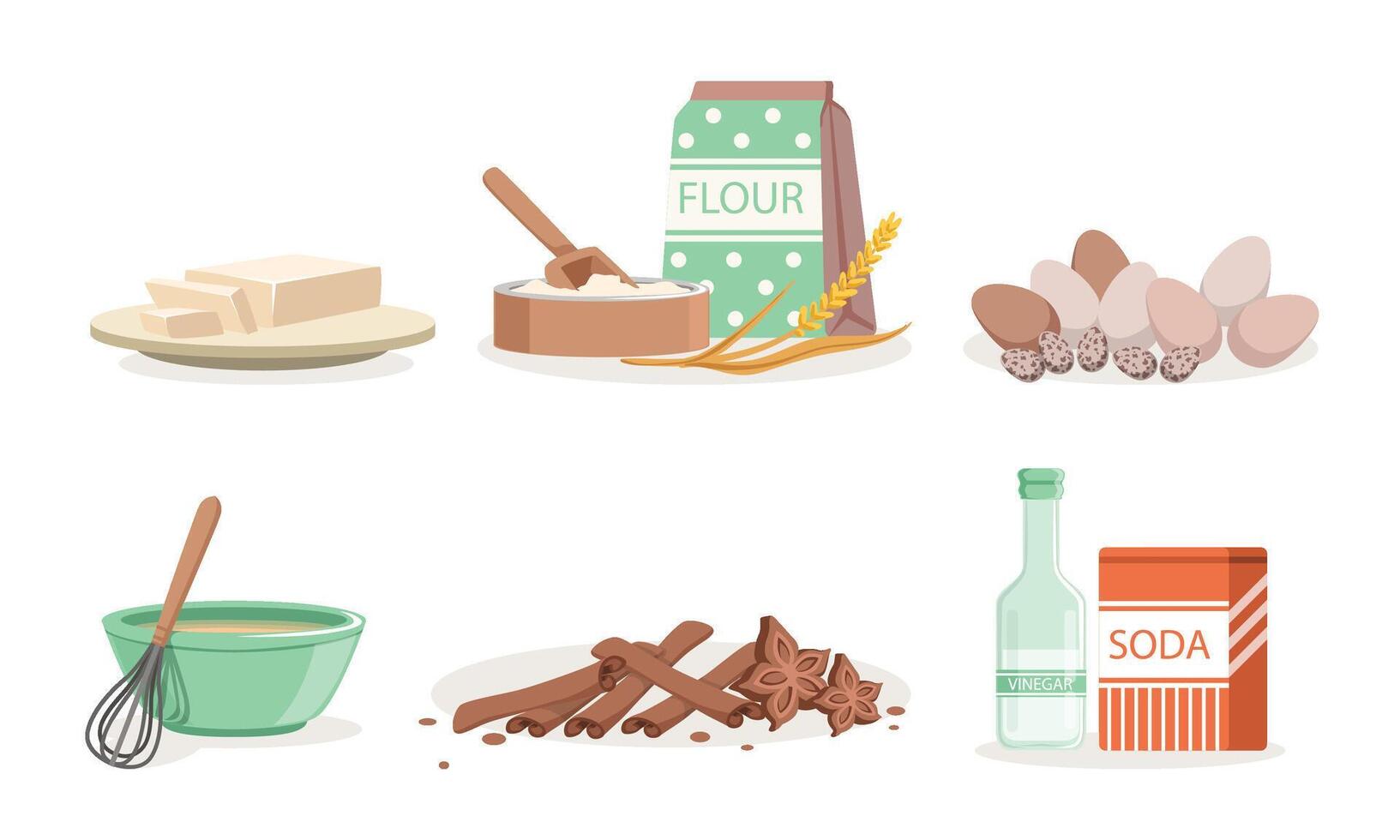 Kitchen Tools And Utensils, Ingredients For Homemade Bakery Illustration Set Isolated On White Background vector