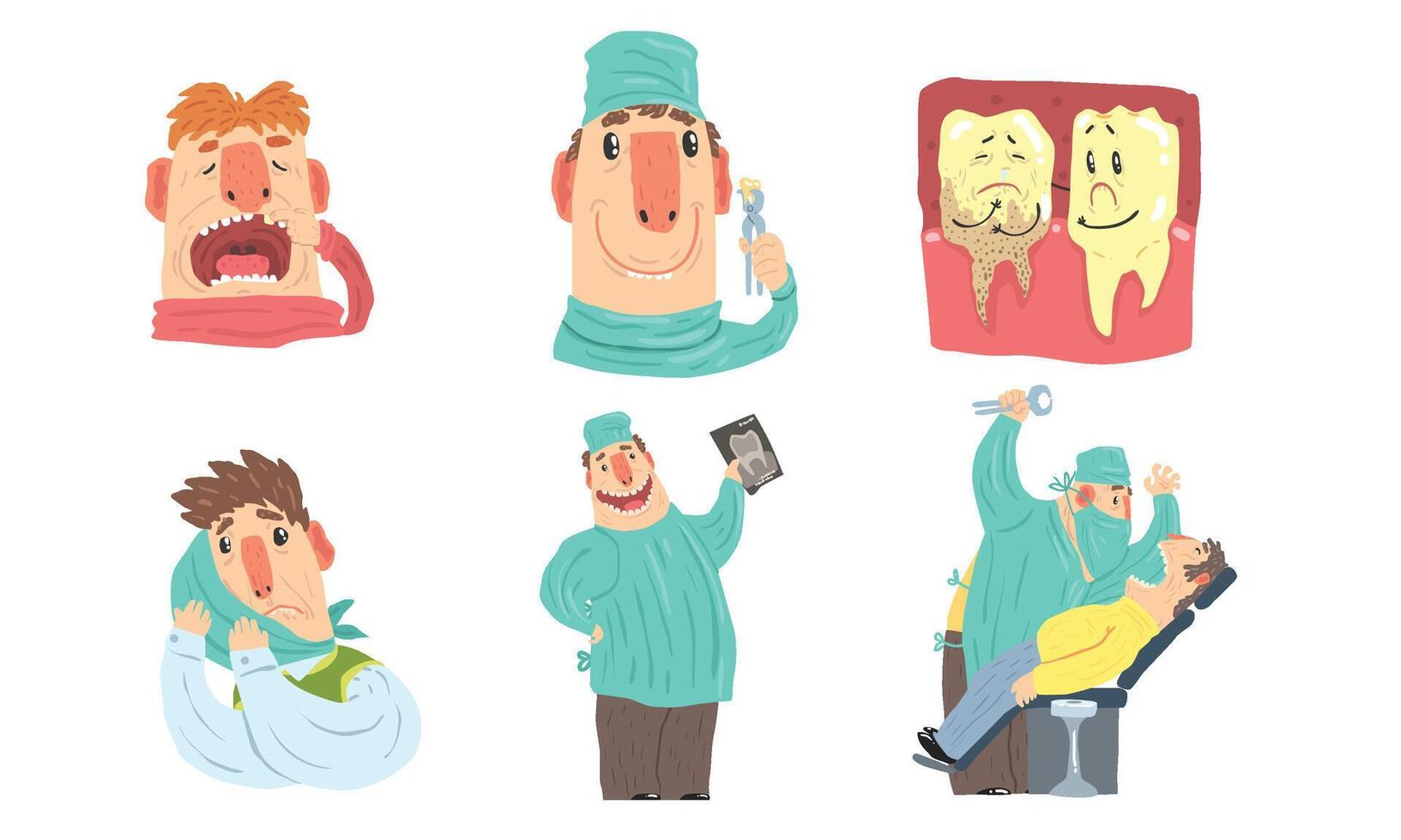Funny Cartoon Dentist At Work, Humanized Sick And Healthy Teeth Illustration Set Isolated On White Background vector