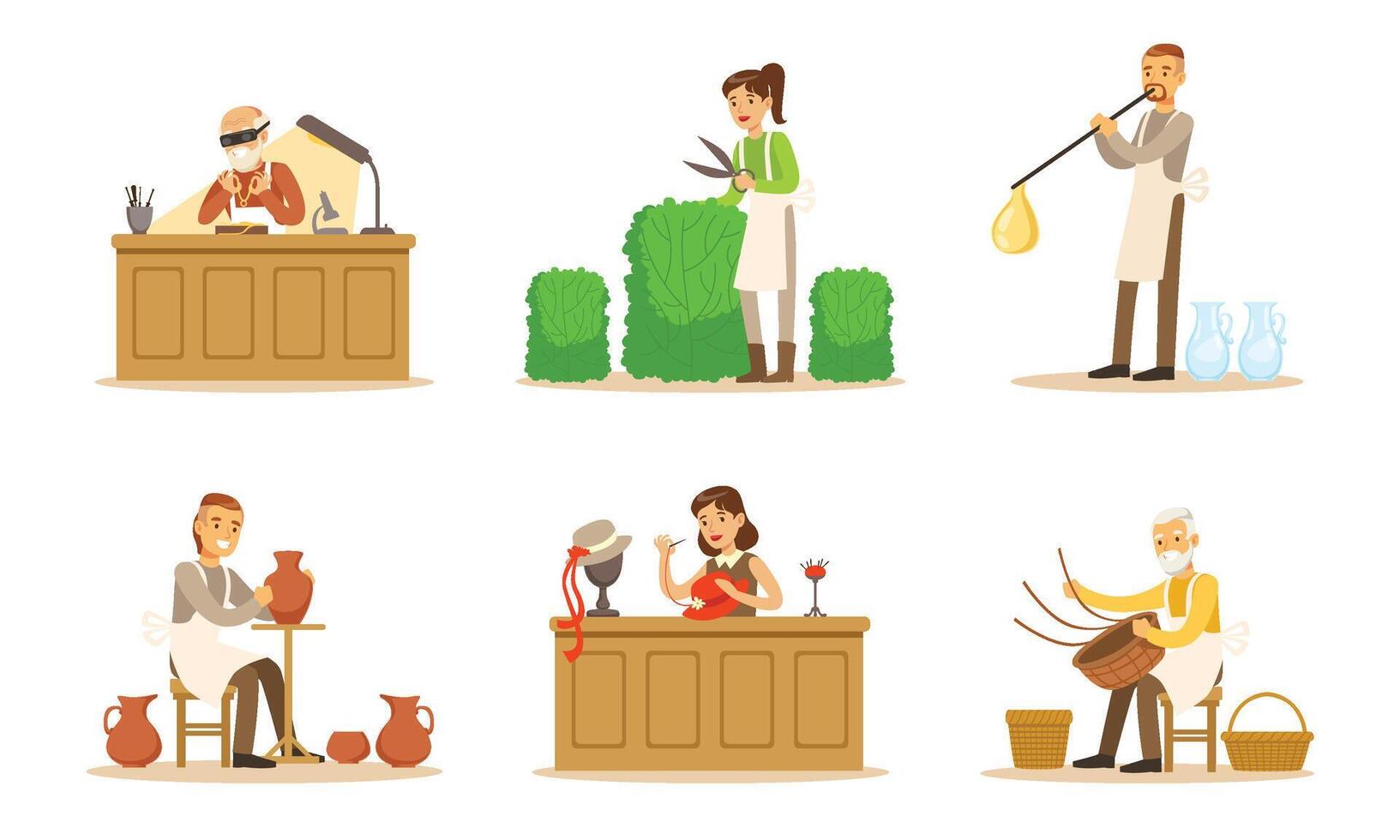 Artisans Of Different Handicraft Professions At Work Illustration Set Isolated On White Background vector
