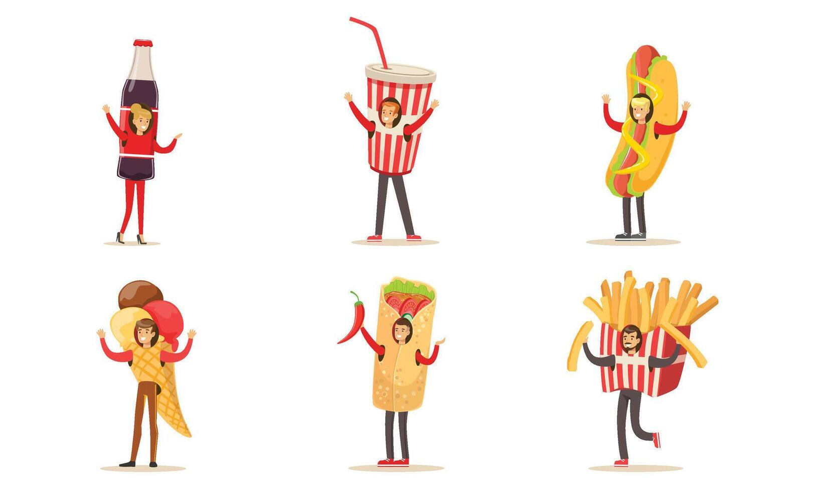 Men And Women Wearing Costumes Of Fast Food And Ice Cream For Menu Or Banners Illustration Set Isolated On White Background vector