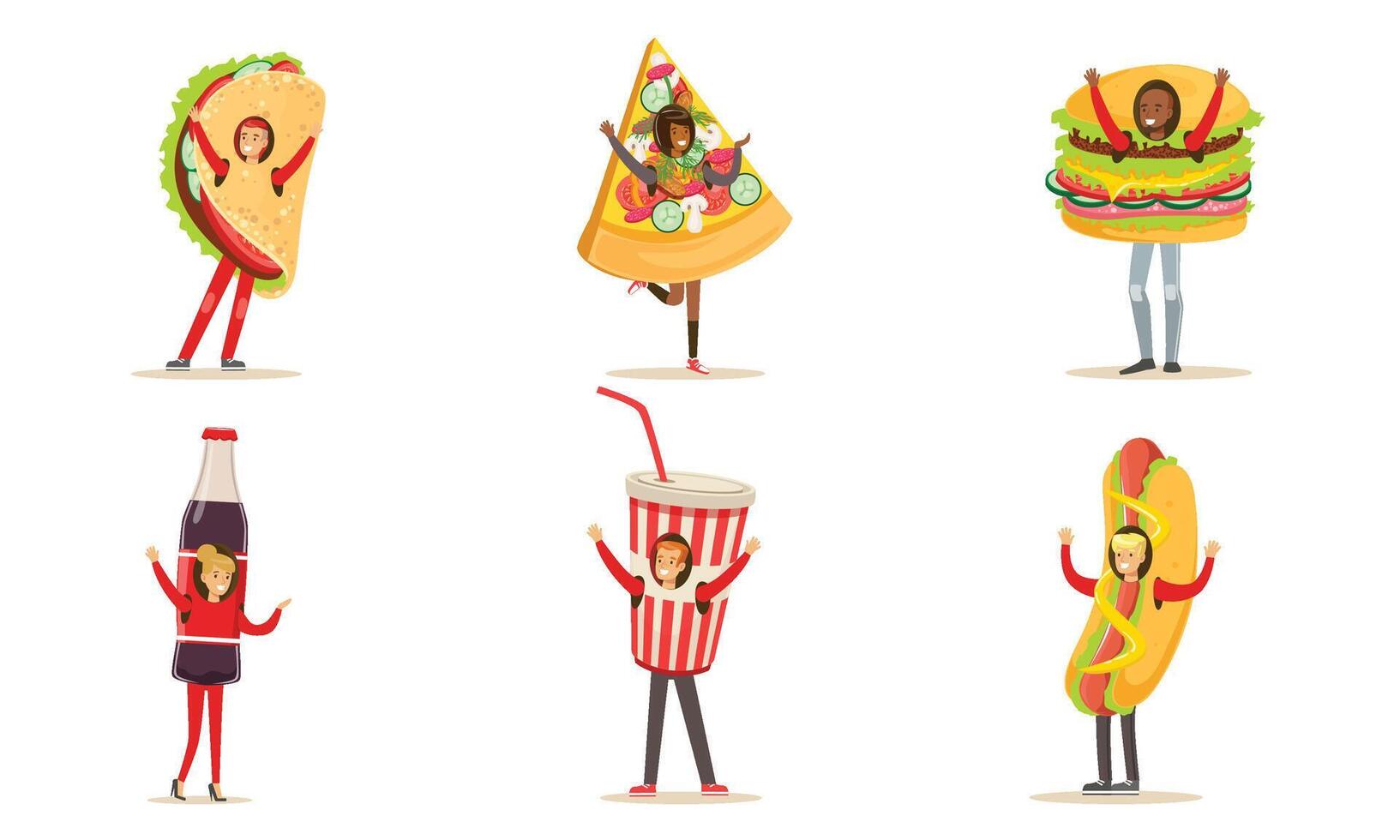 People Characters In Fast Food And Snacks Costumes For Menu Or Banners Illustration Set Isolated On White Background vector