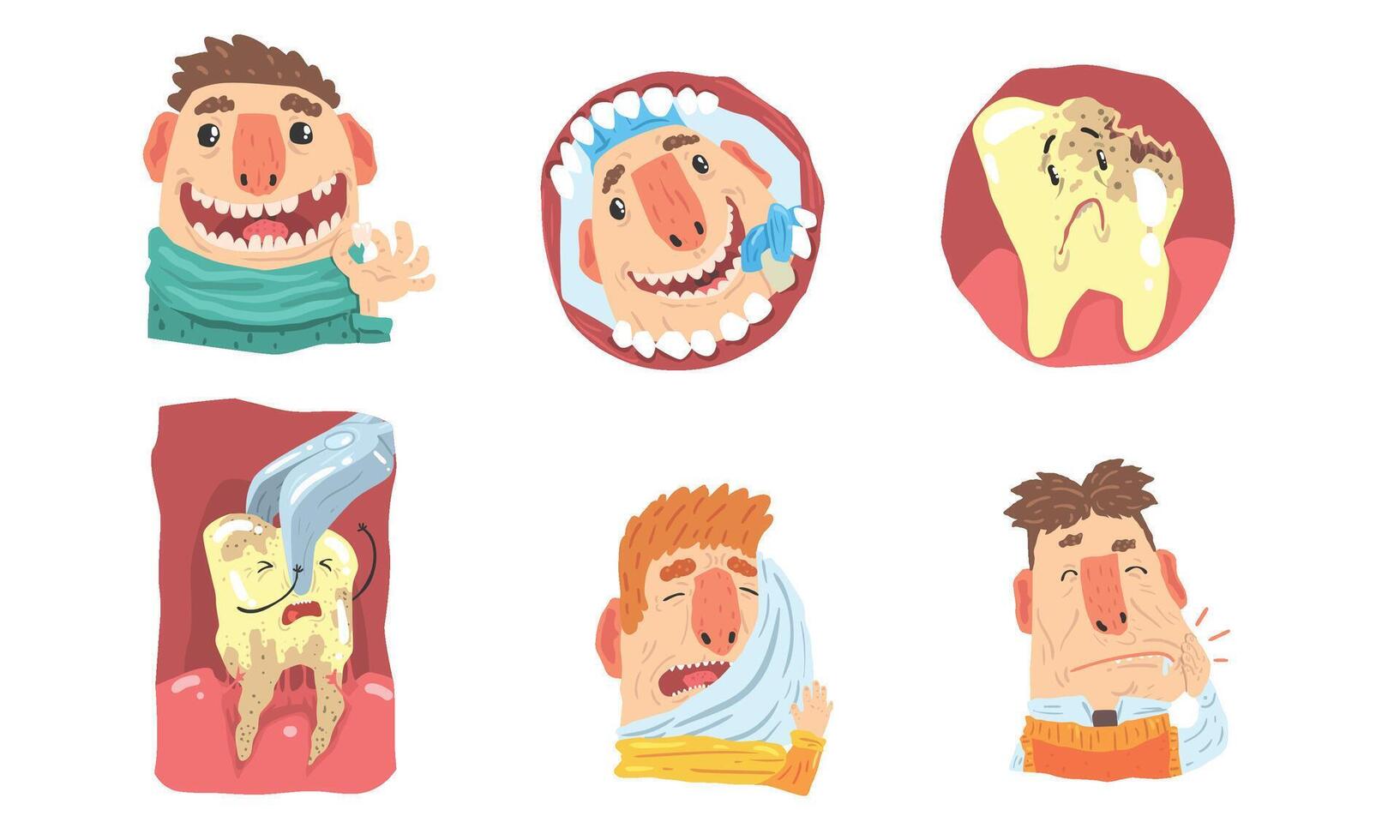 Toothache And Visit To Dental Clinic, Funny Cartoon Characters Illustration Set Isolated On White Background vector