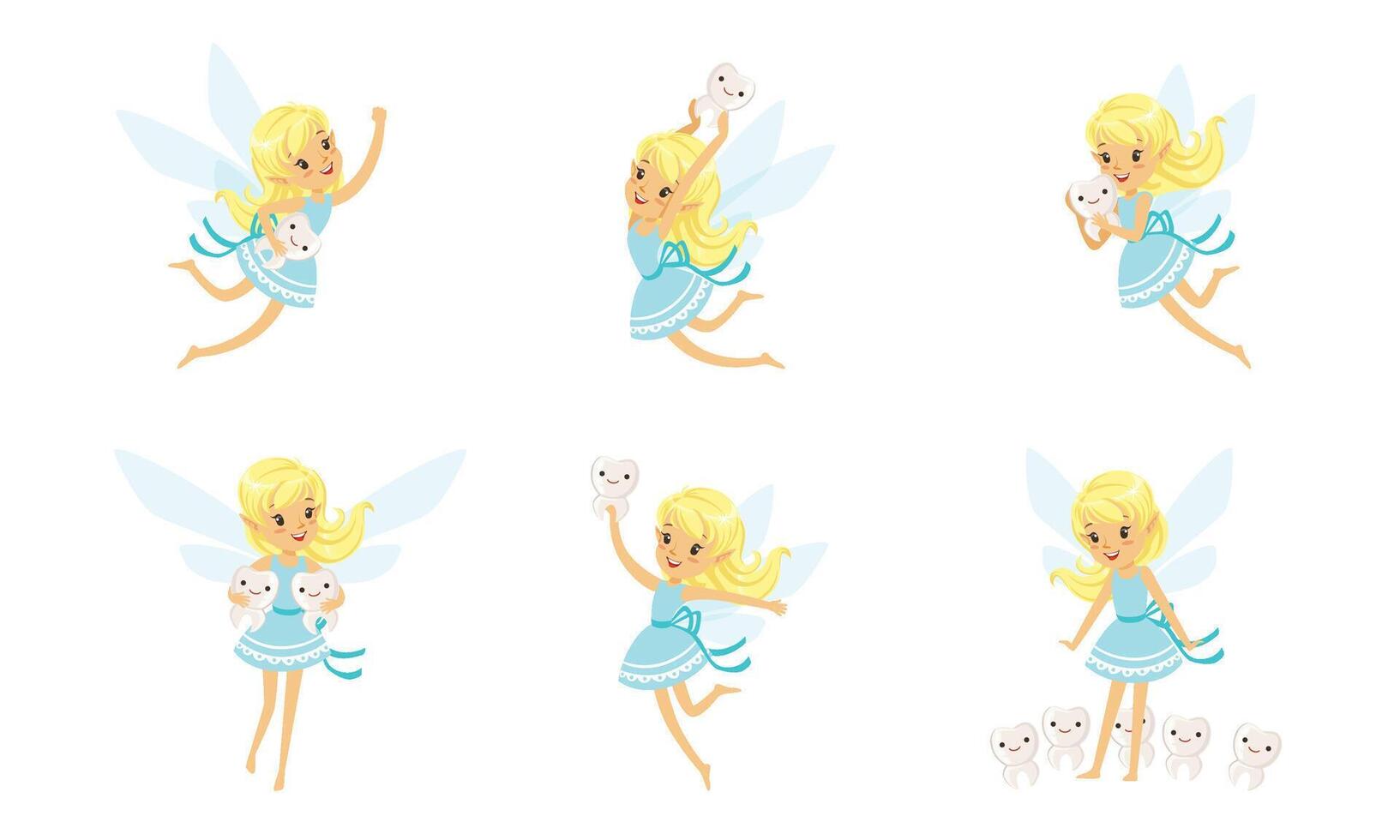 Humanized Funny Cartoon Teeth And Little Cute Tooth Fairy In Blue Dress Illustration Set Isolated On White Background vector