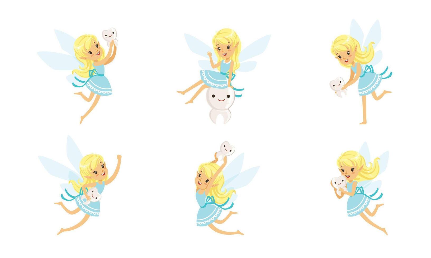 Little Cute Tooth Fairy In Blue Dress In Different Poses With Funny Cartoon Teeth Illustration Set Isolated On White Background vector