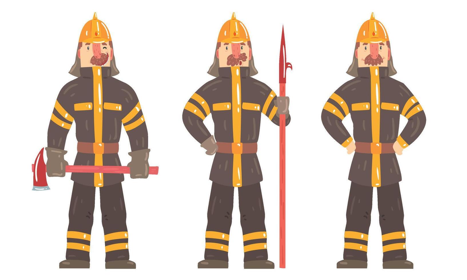 Cartoon Firefighter Character Posing In Working Outfit With Instruments Illustration Set Isolated On White Background vector