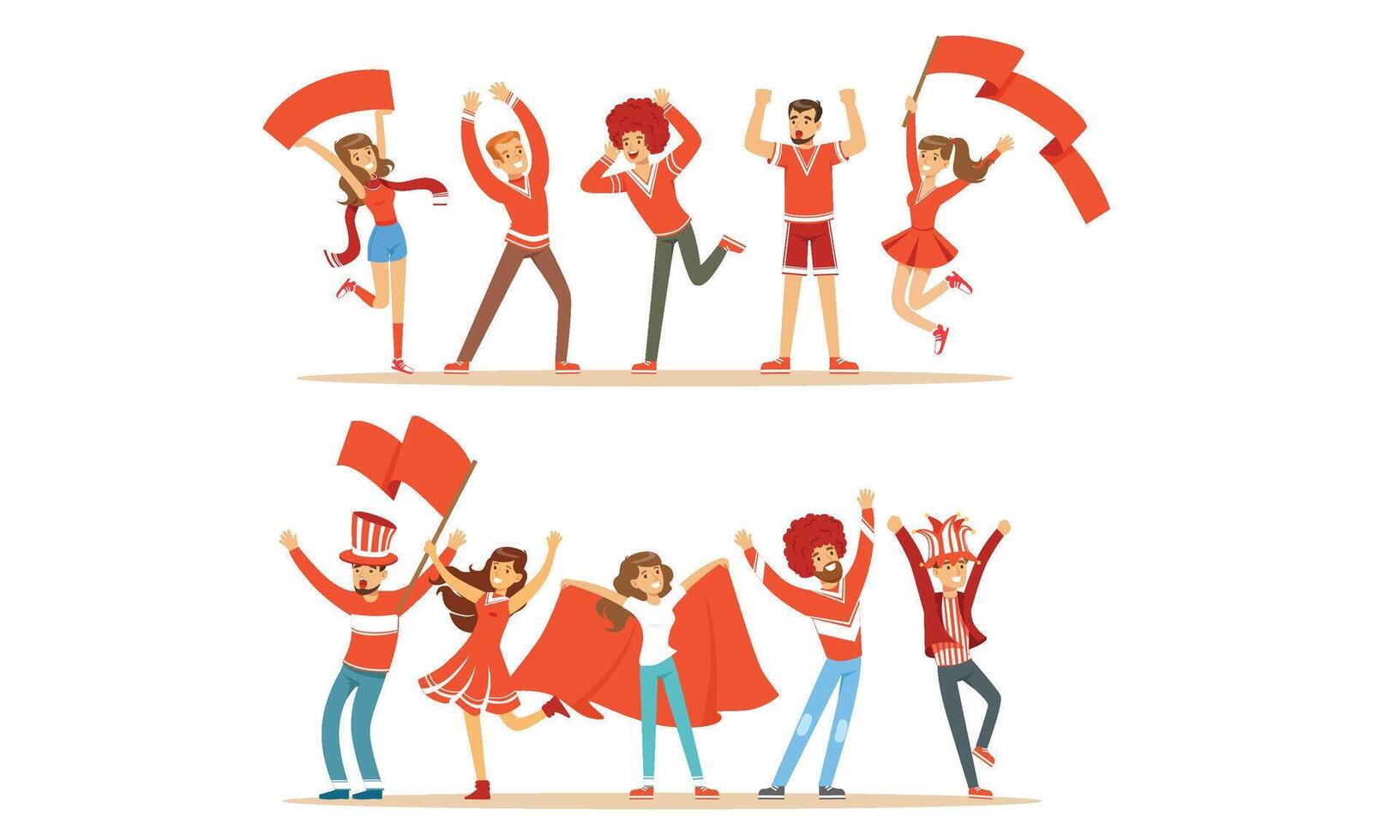 Fans Group In Red Outfits Supporting Their Favorite Sports Team Illustration Set Isolated On White Background vector
