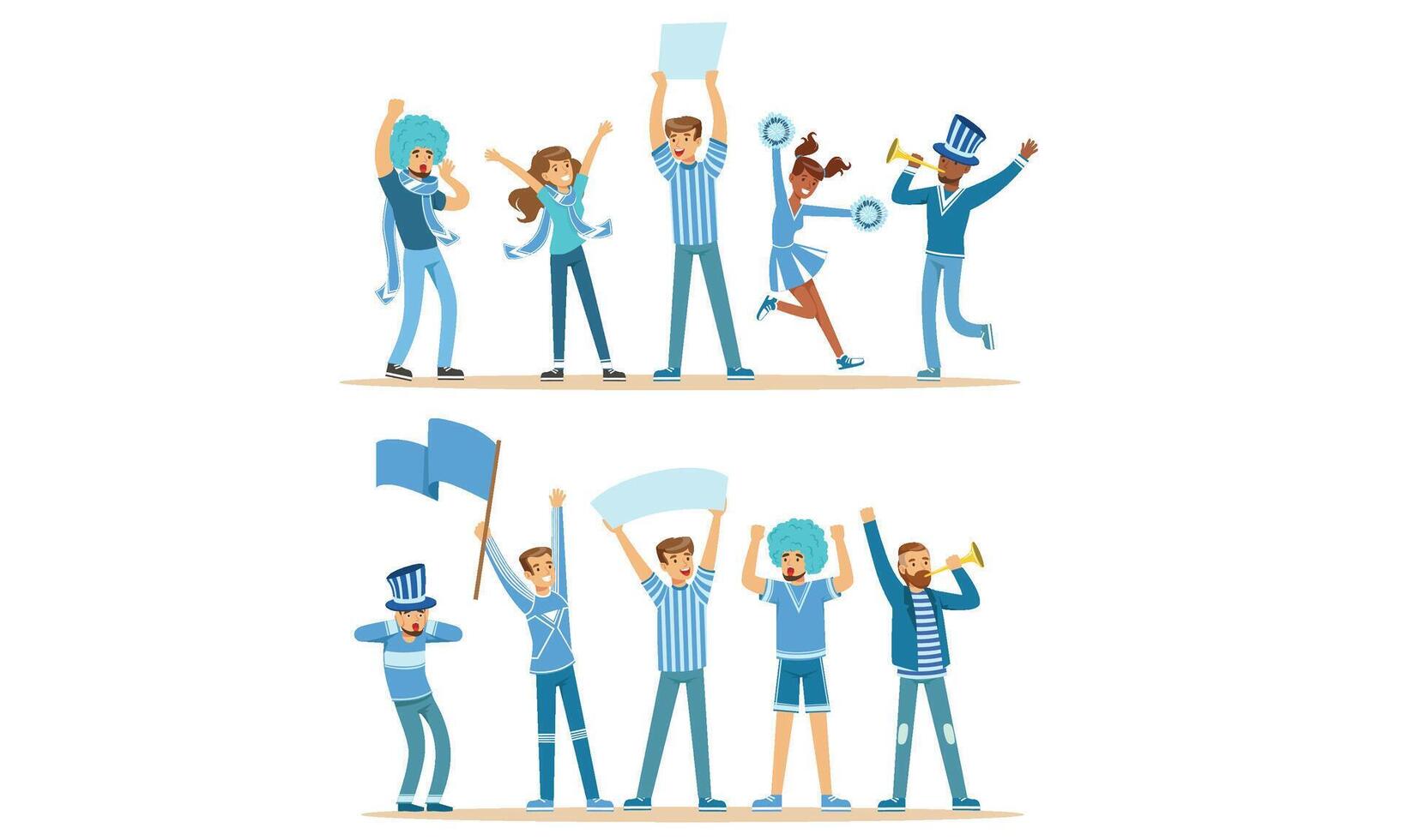 Group Of Fans In Blue Outfits Supporting Their Favorite Sports Team At The Stadium Illustration Set Isolated On White Background vector