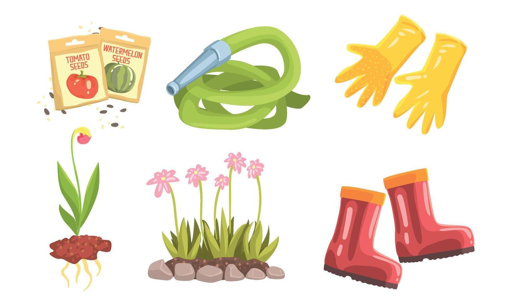 Garden Instruments And Stuff For Plant Flowers, Fruits And Vegetables Illustration Set Isolated On White Background vector
