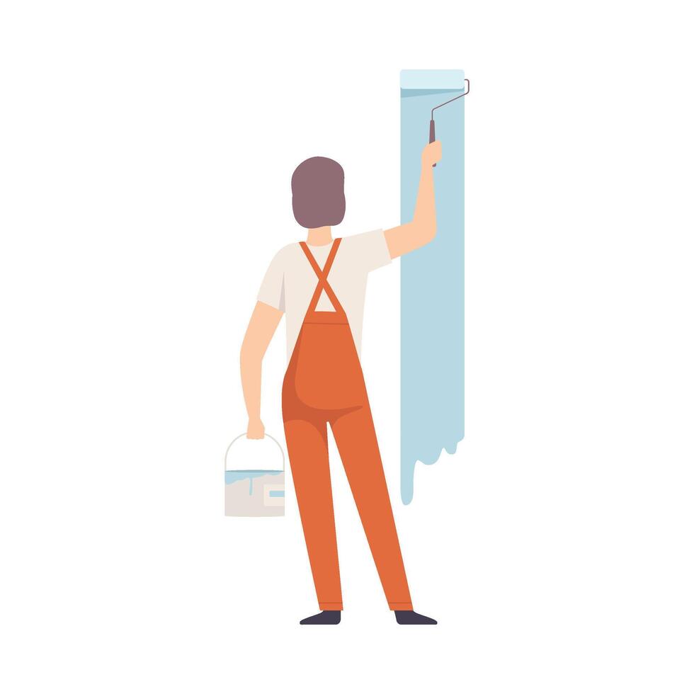 Painter Paints The Wall With Roller Flat Illustration vector