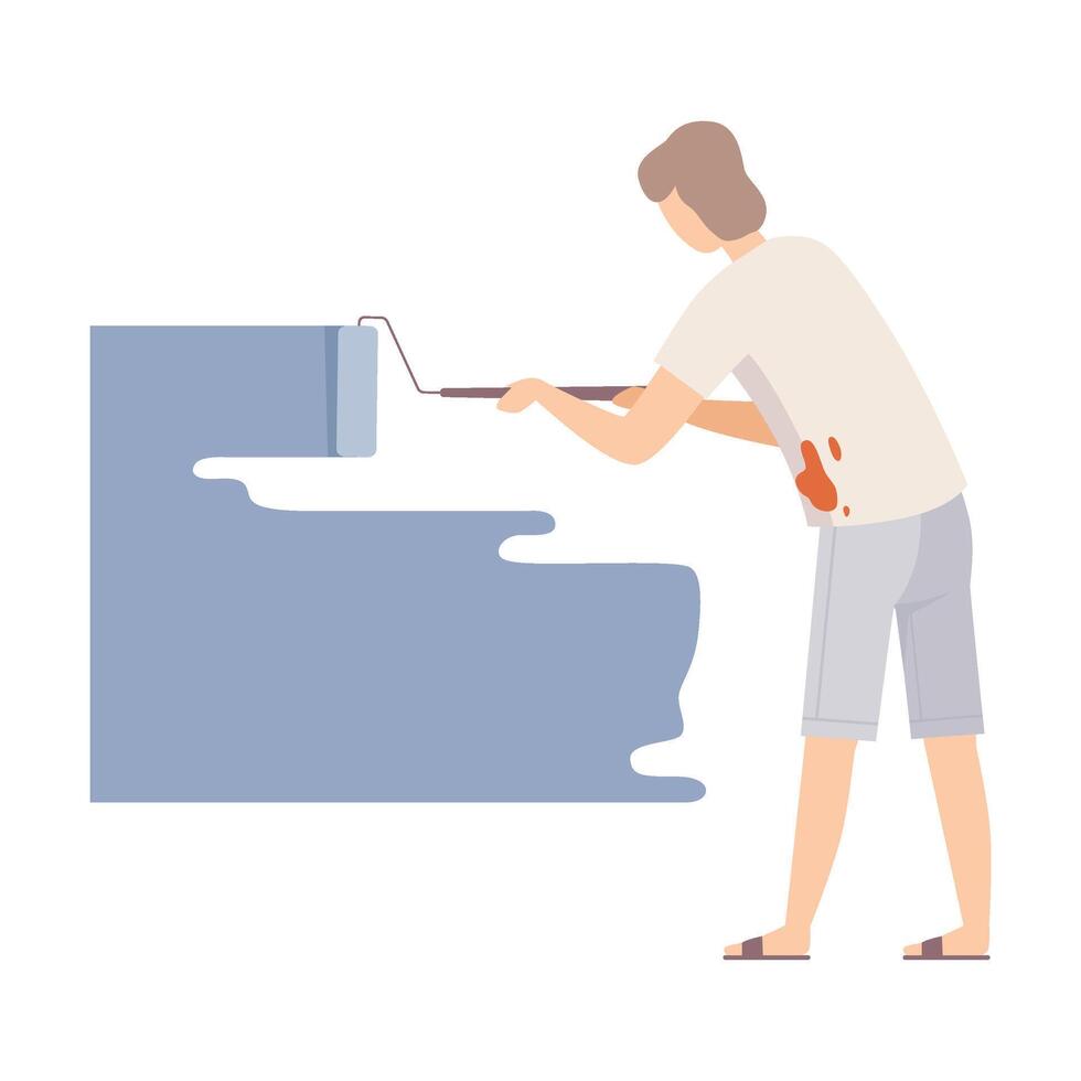 Woman Painter Paints The Wall With Roller In Bluish Grey Flat Illustration vector