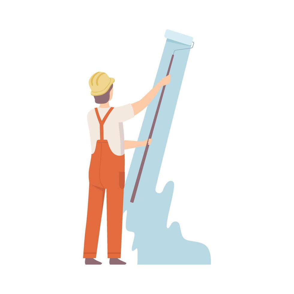 Painter In Construction Helmet Paints The Wall Flat Illustration vector