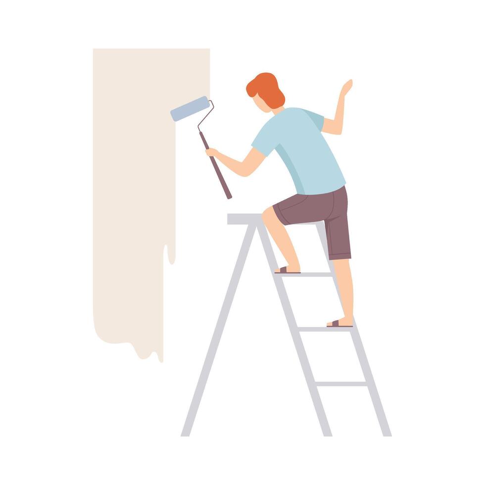 Painter Paints The Wall With Roller Standing On A Ladder Flat Illustration vector