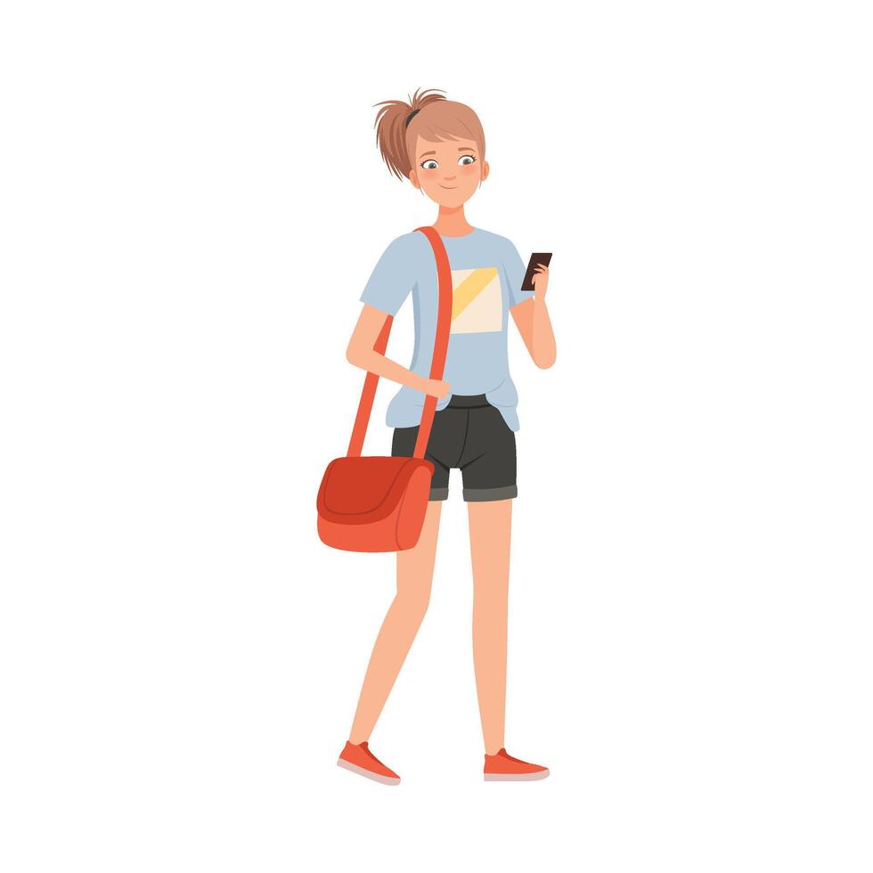 Young Woman With Bag And Mobile Phone Stands Smiling Flat Illustration vector