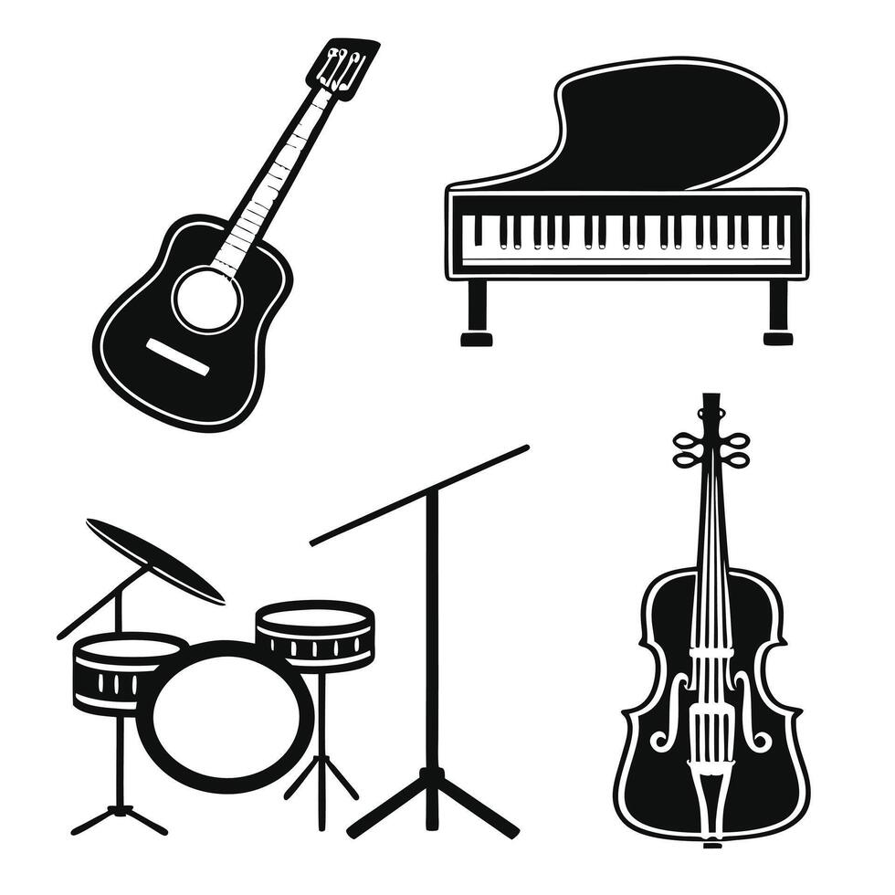 Full Set of Musical Instruments in Silhouette Style vector